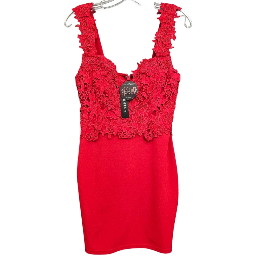 Nwt Entry Red Embroidered Floral Lace Knit Sweetheart Cocktail Dress